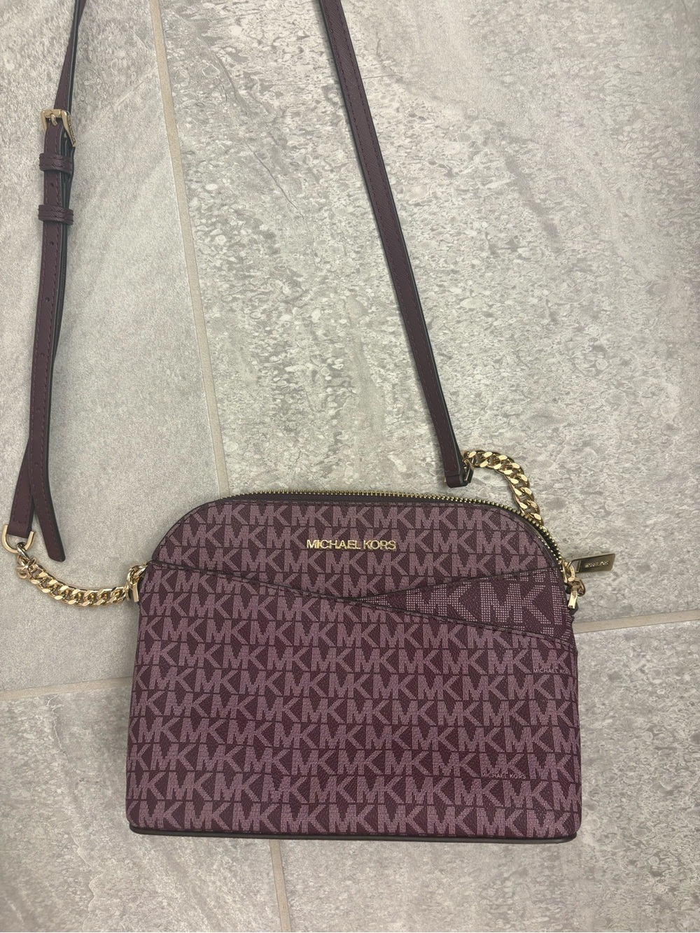 Michael Kors Plum MK Monogram Crossbody with Gold Hardware